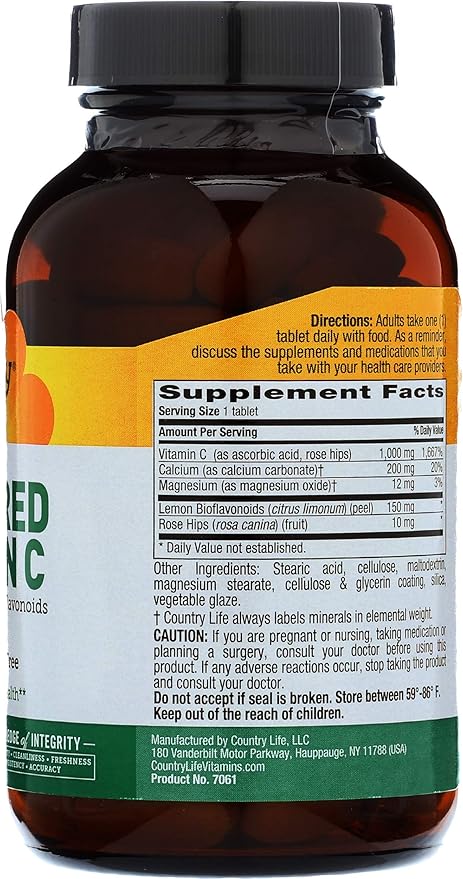 Country Life Buffered Vitamin C 1000mg with Bioflavonoids, Calcium, Magnesium, Potassium - Immune Support, Vegan Capsules, Gluten-Free, Gentle on Stomach - 100 Tablets