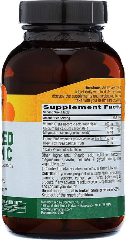 Country Life Buffered Vitamin C 1000mg with Bioflavonoids, Calcium, Magnesium, Potassium - Immune Support, Vegan Capsules, Gluten-Free, Gentle on Stomach - 100 Tablets