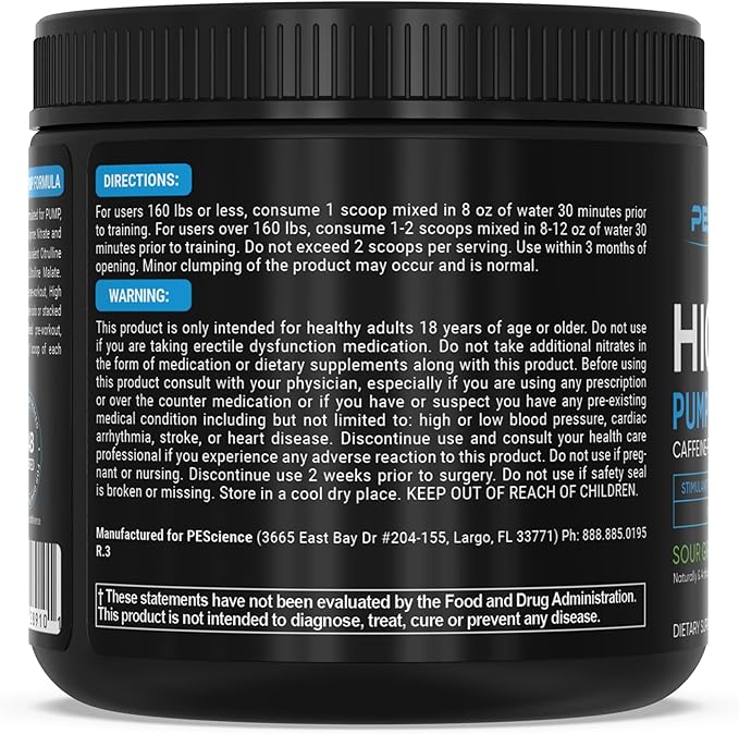 PEScience High Volume Nitric Oxide Booster Pre Workout Powder with L Arginine Nitrate, Green Apple, 36 Scoops, Caffeine Free