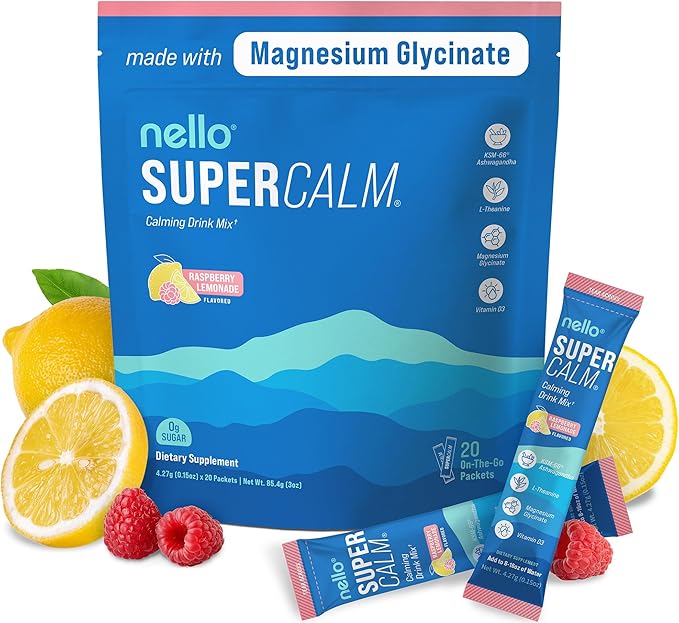 Nello Supercalm Powdered Drink Mix, Raspberry Lemonade, L Theanine, Ksm-66 Ashwagandha, Magnesium Glycinate, Vitamin D 3, Supplements for Relaxation & Focus, No Sugar, Non GMO, On The Go, 20 Ct