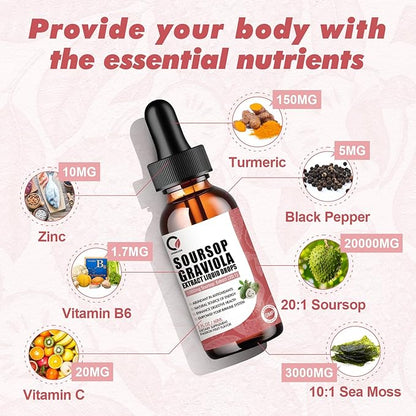 Soursop Graviola Liquid Drops - 1000 mg Soursop Extract Plus 300 mg Sea Moss, Soursop Bitters Liquid for Cell Regeneration, Immune Boost, Relax, Antioxidant, Energy - 2 Fl Oz