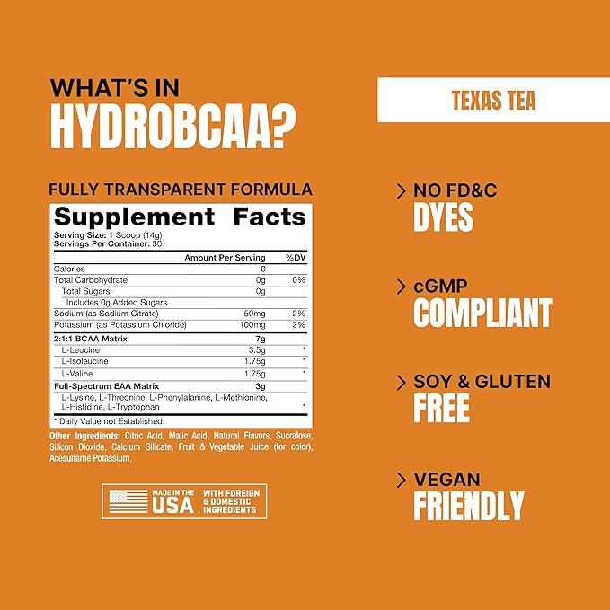 ProSupps HydroBCAA BCAA/EAA Full Spectrum Matrix, 7g BCAAs, 3g EAAs, 0g Sugar, 0g Carbs, 30 Servings, (Texas Tea Flavor)
