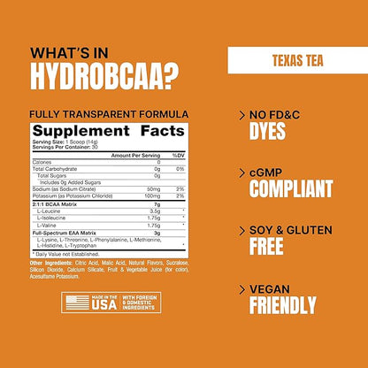 ProSupps HydroBCAA BCAA/EAA Full Spectrum Matrix, 7g BCAAs, 3g EAAs, 0g Sugar, 0g Carbs, 30 Servings, (Texas Tea Flavor)