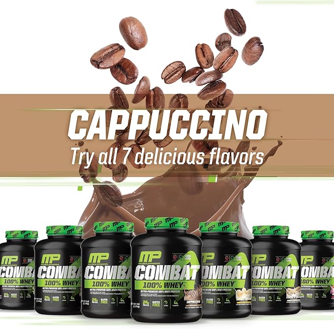 MusclePharm Combat 100% Whey Protein Powder, Cappuccino Flavor, Fast Recovery & Muscle Gain with Whey Protein Isolate, High Protein Powder for Women & Men, Gluten Free, 5 lb, 70 Servings