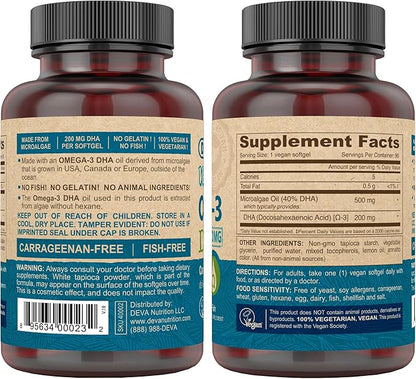 DEVA Vegan Omega-3 DHA Supplement, Once-Per-Day Softgel 200 MG, Carrageenan Free, Gelatin Free, Non-Fish, Algae Oil, Omega-3 Fatty Acids - 90 Softgels
