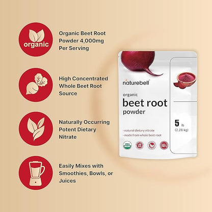 NatureBell Organic Beet Root Powder 5Lbs | 4,000mg Per Serving – Concentrated Whole Beet Root Source | High Dietary Nitrates – Raw Superfood Supplements – Great for Vegan Shakes & Smoothies – Non-GMO