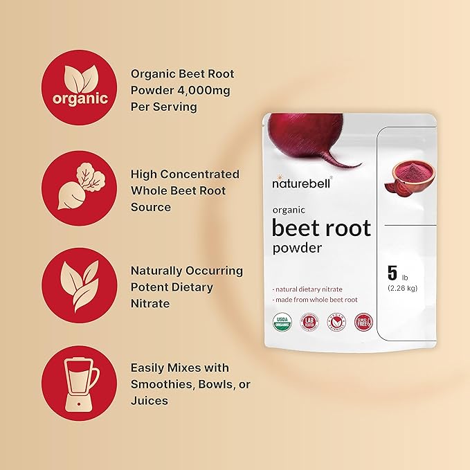NatureBell Organic Beet Root Powder 5Lbs | 4,000mg Per Serving – Concentrated Whole Beet Root Source | High Dietary Nitrates – Raw Superfood Supplements – Great for Vegan Shakes & Smoothies – Non-GMO