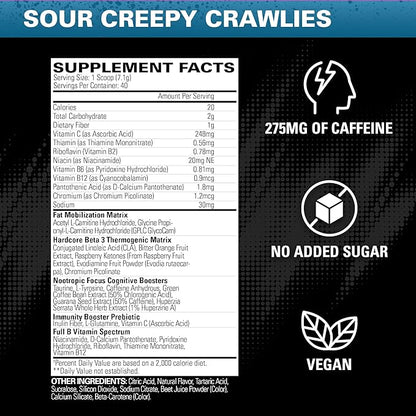 EHP Labs OxyShred Hardcore Super Dosed Pre Workout Powder - Preworkout Powder with L Glutamine & Acetyl L Carnitine, Energy Boost Drink - 275mg of Caffeine - Sour Crawlies, 40 Servings