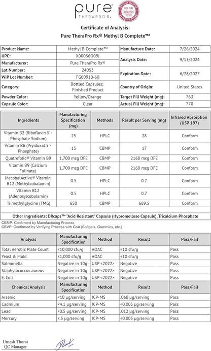 Methyl B Complete - 60 Vegetable Capsules | Optimal Methylation Support Supplement with Quatrefolic 5-MTHF (Active folate), Methylcobalamin (Active B12), B2, B6, and TMG | Pharmaceutical Grade