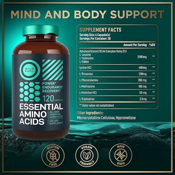 Essential Amino Acids Supplement For Women And Men - All 9 BCAAs Amino Acid Complex for Power and Recovery - EAA Perfect Amino Energy: Lysine, Tryptophan, Isoleucine - 2 Pack 240 Vegan BCAA Capsules