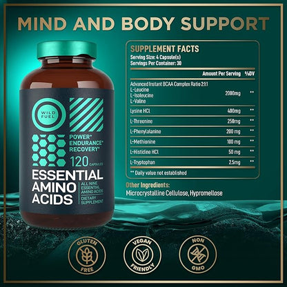 Essential Amino Acids Supplement For Women And Men - All 9 BCAAs Amino Acid Complex for Power and Recovery - EAA Perfect Amino Energy: Lysine, Tryptophan, Isoleucine - 2 Pack 240 Vegan BCAA Capsules