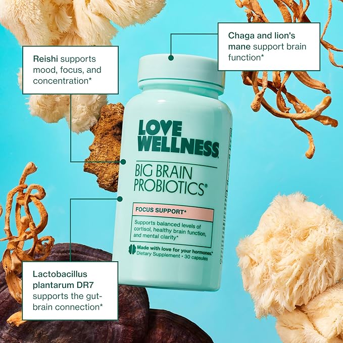 Love Wellness Big Brain Probiotics | Nootropics Brain Support Supplement | Brain Supplements for Memory and Focus | Promotes Mental Clarity & Mood | Organic Reishi, Chaga, & Lions Mane | 30 Count