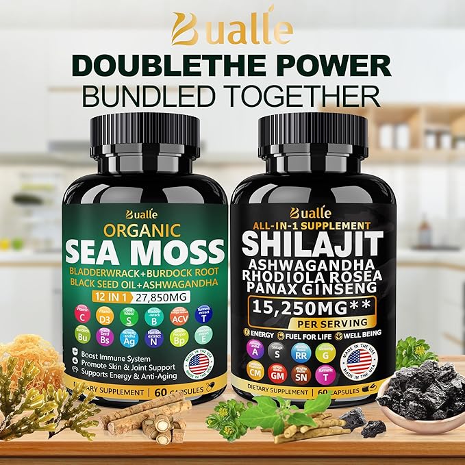 Sea Moss and Shilajit Bundle - 60 Count - Sea Moss 18000mg, Black Seed Oil 4000mg, Ashwagandha 1000mg, Ginger & Shilajit 9000mg, Rhodiola Rosea 1000mg, All in 1 Supplements (2 Pack)