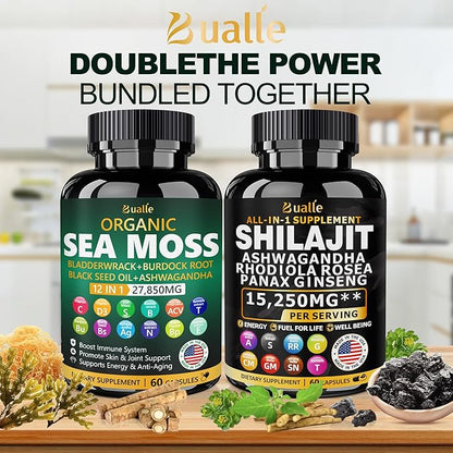 Sea Moss and Shilajit Bundle - 60 Count - Sea Moss 18000mg, Black Seed Oil 4000mg, Ashwagandha 1000mg, Ginger & Shilajit 9000mg, Rhodiola Rosea 1000mg, All in 1 Supplements (2 Pack)