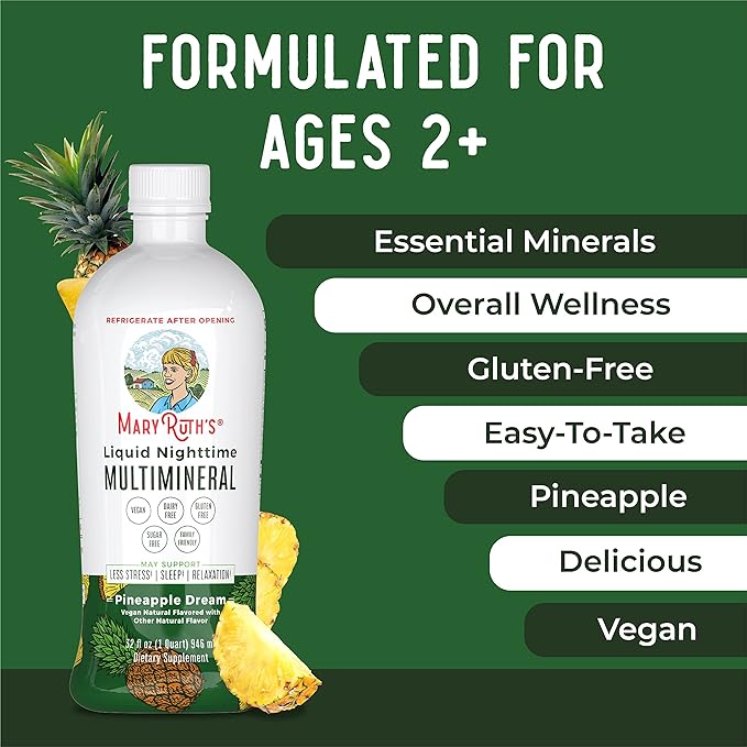 MaryRuth Organics Liquid Nighttime Multimineral Sleep Supplement | Sugar Free | Calm Magnesium Citrate | NO Melatonin | Calcium Magnesium Zinc | Pineapple Dream| Vegan | Gluten Free | 32 Servings