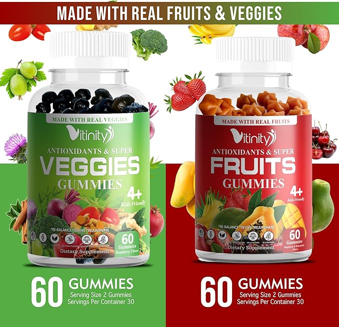 Made with Real Fruit and Real Veggie Gummies - Superfood Vegetable Vitamin Supplement for Women,Men & Kids - with a Blend of Fruit and Greens for Daily Health (60-Day Supply)