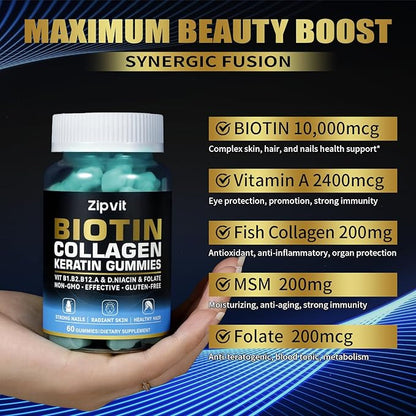 Biotin Collagen Gummies – Hair Skin and Nails Vitamins for Women & Men – Hair Growth Vitamins: B1, B2, B3, B6, B7, Collagen, Keratin, Vitamin A & D – Hair Growth Supplement – 60 Gummy Bears
