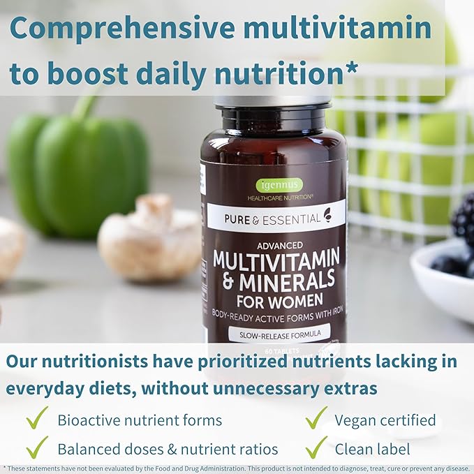 Methylated Women's Multivitamin, Methylated Folate for MTHFR, Clean Label & Vegan, with Iron, Non-GMO, Halal, Sustained Release, 60 Tablets, by Igennus