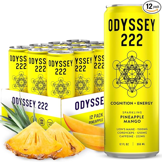 Odyssey Elixir - Odyssey 222 - Sparkling Energy Drink - 222 mg of Caffeine - Lion's Mane & Cordyceps - Energy & Focus - Endurance & Stamina - Nootropic - Pre Workout - Pineapple Mango