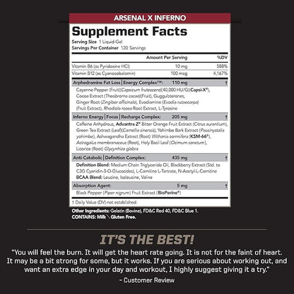 PMD Sports Arsenal X Inferno Superior Fast-Acting Liquid Gel Thermogenic Dietary Supplement - Fat Burner and Muscle Maintenance - Increase Metabolism and Energy Booster - 120 Liquid Gels