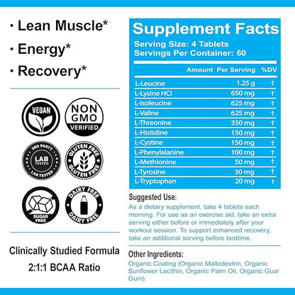 Ultimate Amino Complex Supplement - 240 Easy-to-Swallow, Flavorless 1g Tablets - All 9 Essential Amino Acids Plus Cystine & Tyrosine - 2:1:1 BCAA Ratio - Increase Energy & Muscle - Vegan & Non-GMO