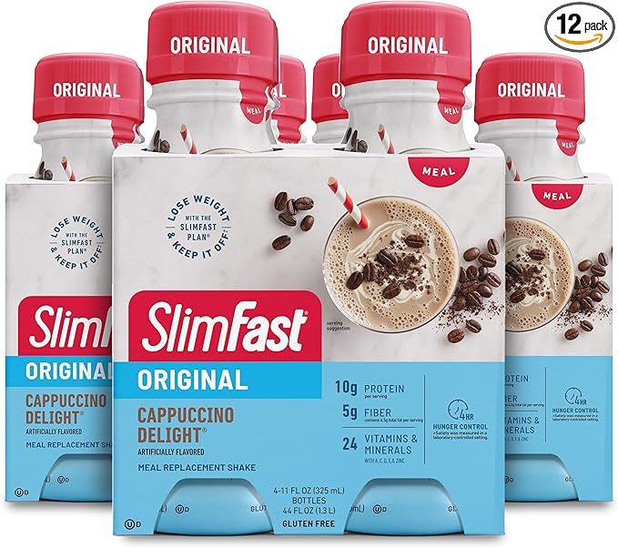 SlimFast Meal Replacement Shake, Original Cappuccino Delight, 10g of Ready to Drink Protein for Weight Loss, 11 Fl. Oz Bottle, 4 Count (Pack of 3) (Packaging May Vary)