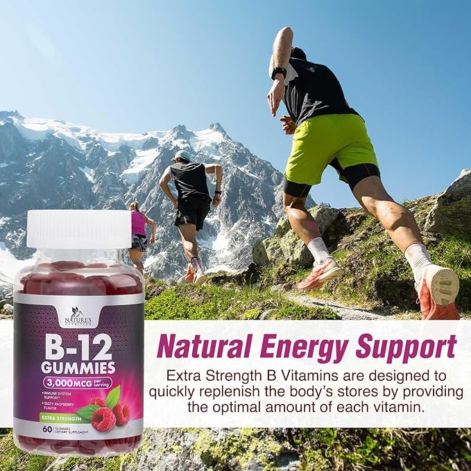 B12 Gummies, Extra Strength Energy 3000 mcg Vitamin B12, B-12 Energy Metabolism & Immune System Support, Chewable Supplement for Adults & Kids, Caffeine Free, Berry Flavored Gummy, Vegan - 60 Count