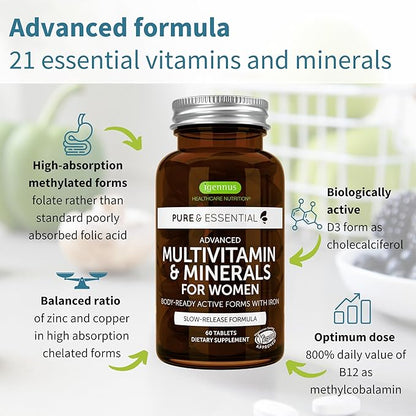 Methylated Women's Multivitamin, Methylated Folate for MTHFR, Clean Label & Vegan, with Iron, Non-GMO, Halal, Sustained Release, 60 Tablets, by Igennus
