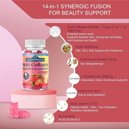 Multi Collagen Peptides Gummies, Sugar Free Hydrolyzed 5000mg Protein丨Type I,II,III,V,X with Biotin Hyaluronic Acid Vitamin C A D B6 B12 L-Glutathione for Skin Hair Nail Joint Bone -Strawberry Gummies