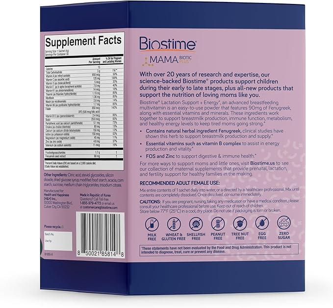 Biostime Mamabiotic Fenugreek Lactation Supplement + Energy Vitamin Complex | Lactation & Breastfeeding Support Multivitamin | Vitamins B, Zinc, FOS Prebiotic | 30 Satchets