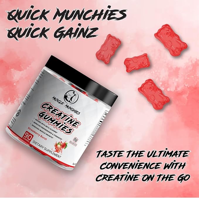 Muscle Munchies Creatine Chewable Gummies for Men & Women-Infused with Beta Alanine-5g of Creatine Per Serving-Increases Strength, Muscle Growth, Endurance, & Recovery-Vegan, NonGMO (Strawberry Burst)