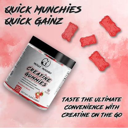 Muscle Munchies Creatine Chewable Gummies for Men & Women-Infused with Beta Alanine-5g of Creatine Per Serving-Increases Strength, Muscle Growth, Endurance, & Recovery-Vegan, NonGMO (Strawberry Burst)