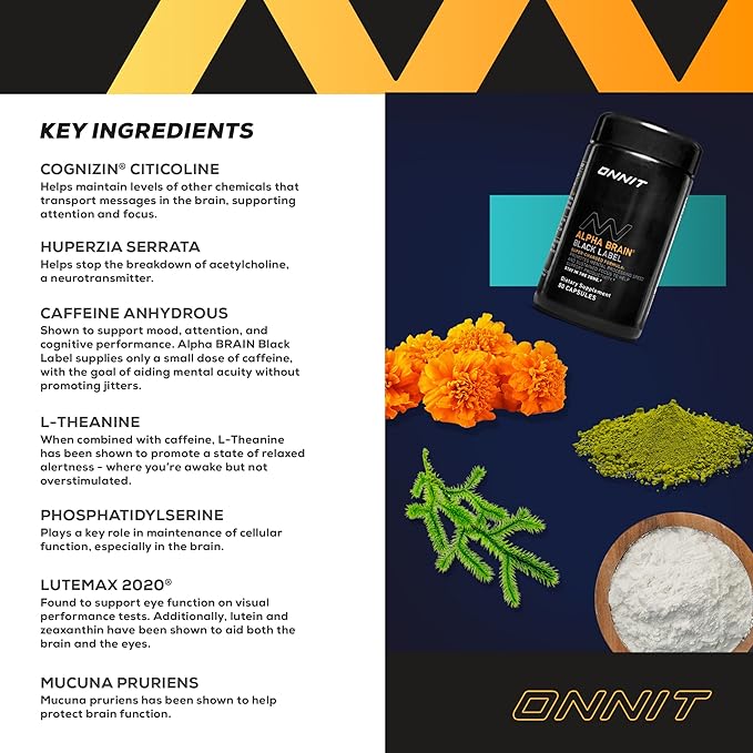 ONNIT Alpha Brain Black Label Capsule (80ct) Premium Citicoline Brain Supplement - Focus, Concentration & Memory - Lion's Mane, Hericium Erinaceus, L Theanine & Mucuna Pruriens