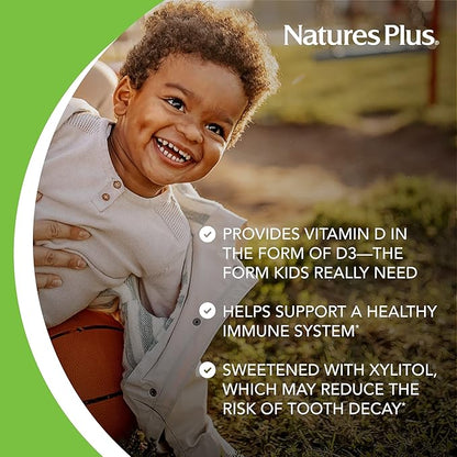 Natures Plus Animal Parade Sugar-Free Children's Vitamin D3-500 IU - Black Cherry Flavor - 90 Chewable Animal Shaped Tablets - Bone Health & Immune System Support - 90 Servings