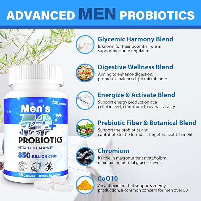 Probiotics for Men, Advanced 50+ Mens Probiotic, Comprehensive Gut & Energy Support with 850 Billion CFU, 1800mg Prebiotics Fiber – Tailored Wellness mens probiotics for gut health over 50, 990Capsule