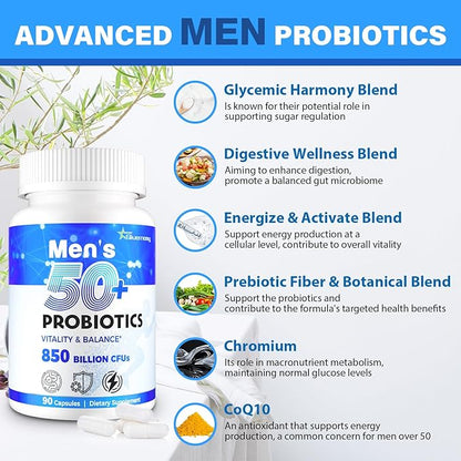 Probiotics for Men, Advanced 50+ Mens Probiotic, Comprehensive Gut & Energy Support with 850 Billion CFU, 1800mg Prebiotics Fiber – Tailored Wellness mens probiotics for gut health over 50, 990Capsule