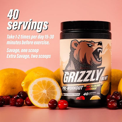 GRIZZLY Pre Workout Powder for Men & Women - Essential Aminos L-Citrulline & Beta Alanine Plus Caffeine - Preworkout Energy Drink Mix for Intense Power Focus & Pump, Huckleberry Lemonade - 40 Servings