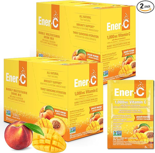 Ener-C Peach Mango Multivitamin Drink Mix Powder Vitamin C 1000mg & Electrolytes with Real Fruit Juice Natural Energy & Immune Support for Women & Men - Non-GMO Vegan & Gluten Free - 60 Count