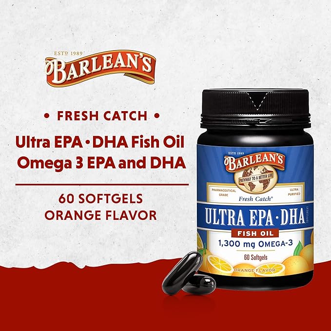 Barlean's Fish Oil Omega 3 Supplement, High Potency Ultra EPA DHA Fatty Acid Softgels for Joint, Brain, & Heart Health, 1000mg Orange Flavored Fish Oil Pills, 60 Count