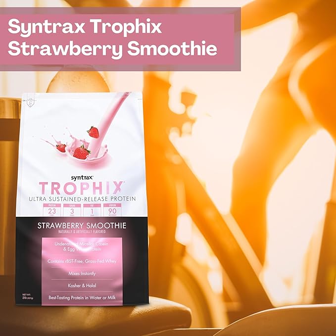 Syntrax Bundle: Trophix Undenatured Casein Protein Strawberry Smoothie - Instant Mix Whey Protein & Egg White Protein Powder - 2 Pounds High Protein Powder and Worldwide Nutrition Keychain