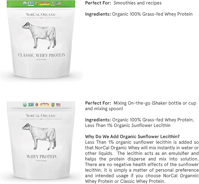 NorCal Organic - Classic Whey Protein - 100% Grass-Fed and Grass-Finished - UNFLAVORED - Lecithin-Free - 2lb Bulk