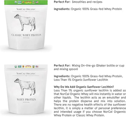 NorCal Organic - Classic Whey Protein - 100% Grass-Fed and Grass-Finished - UNFLAVORED - Lecithin-Free - 2lb Bulk