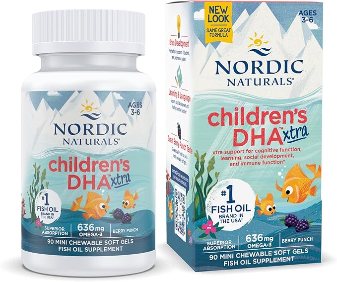 Nordic Naturals Children’s DHA Xtra, Berry Punch - 90 Mini Chewable Soft Gels for Kids - 636 mg Omega-3s EPA & DHA - Cognitive & Immune Function, Learning, Social Development - Non-GMO - 30 Servings