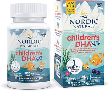 Nordic Naturals Children’s DHA Xtra, Berry Punch - 90 Mini Chewable Soft Gels for Kids - 636 mg Omega-3s EPA & DHA - Cognitive & Immune Function, Learning, Social Development - Non-GMO - 30 Servings