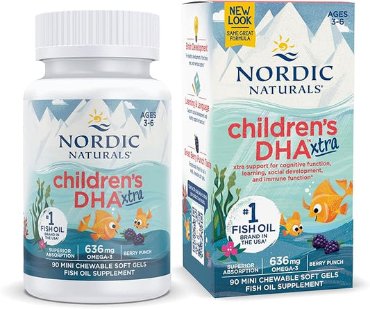 Nordic Naturals Children’s DHA Xtra, Berry Punch - 90 Mini Chewable Soft Gels for Kids - 636 mg Omega-3s EPA & DHA - Cognitive & Immune Function, Learning, Social Development - Non-GMO - 30 Servings