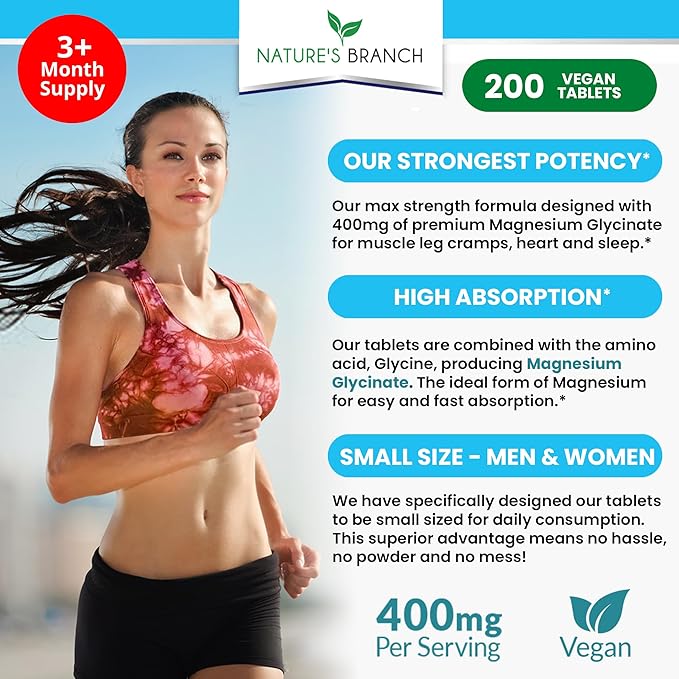 Magnesium Glycinate 400 mg - 200 Tablets - High Absorption, Non Buffered Bisglycinate Mag Supplement for Sleep, Leg Cramps, Heart, Ease Muscles, Calm Headaches for Women and Men, Non Powder Capsules