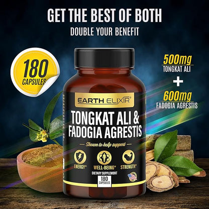 Fadogia Agrestis 600mg and Tongkat Ali 500mg Supplements (180 Capsules) - Made in USA - 3 Month Supply – 3rd Party Tested - Long Jack - Tongkat Ali Fadogia Agrestis for Men and Women