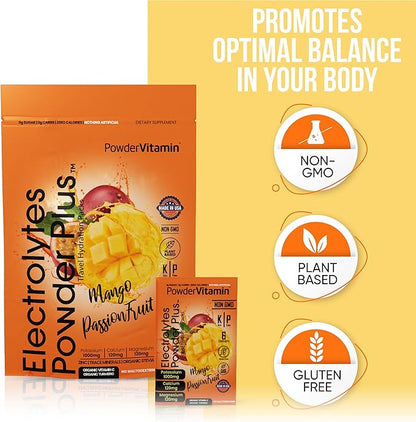 Electrolytes Powder Plus, Keto, Mango Passionfruit, Sugar Free, 1000mg Potassium, 120mg Calcium, 120mg Magnesium, Non-GMO, Zero Calories, 30 Hydration Packets