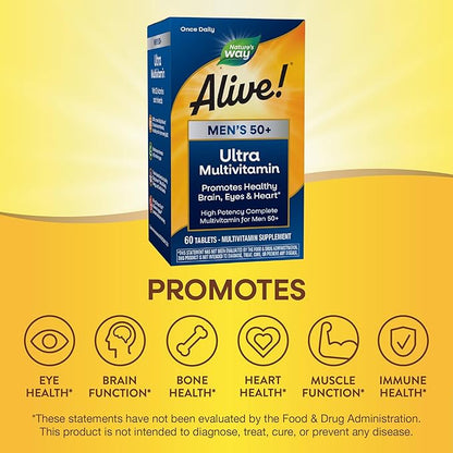 Nature's Way Alive! Men’s 50+ Daily Ultra Multivitamin, High Potency Formula, Supports Healthy Brain, Eyes & Heart*, with Methylated B12, Gluten-Free, 60 Tablets (Packaging May Vary)