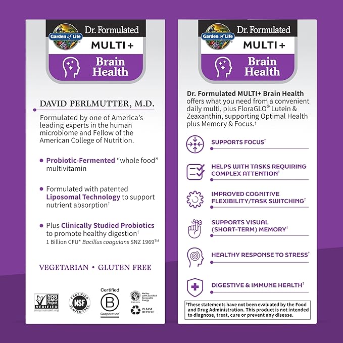 Garden of Life Dr Formulated Multi+ Brain Health, Fermented Liposomal Multivitamin + Lutein & Zeaxanthin, Vitamin D3 & Probiotics - Memory & Focus Support, Digestive & Immune Health, 30 Capsules